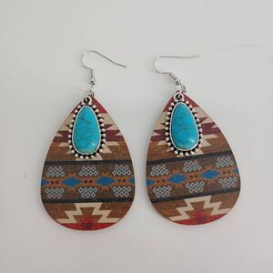 Southwestern Western Cowgirl Boho Aztec Wood Turquoise Teardrop Earrings